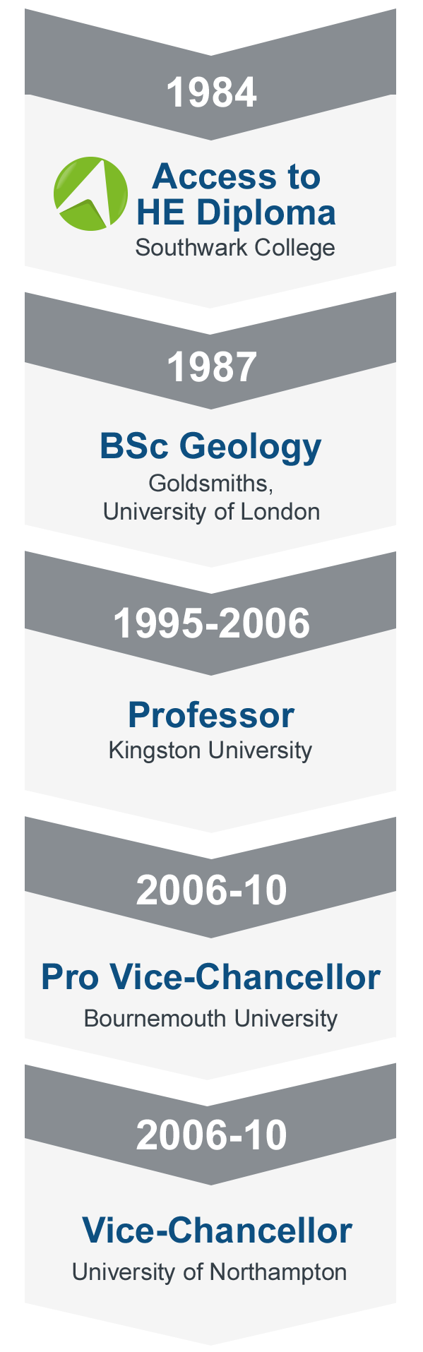 Timeline - 1984: Science Access course, Southwark College 1987: BSc Geology, Goldsmiths, University of London 1995-2006: Professor, Kingston University. 2006-2010: Pro Vice-Chancellor, Bournemouth University 2010: Vice-Chancellor, University of Northampton